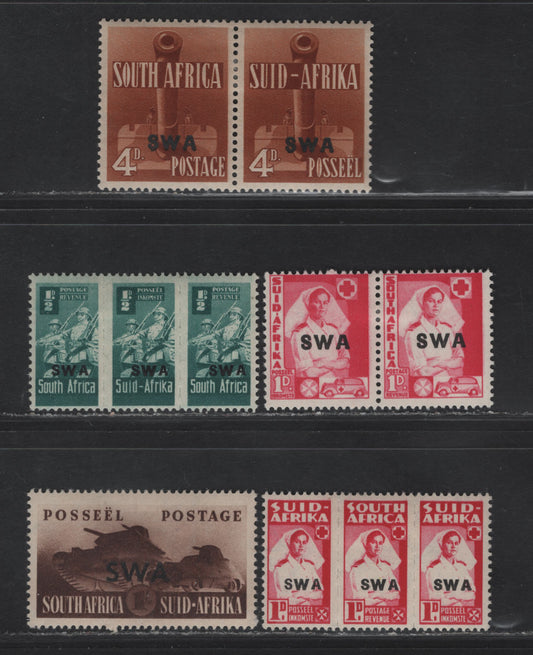 Lot 233 (C) South West Africa SG#115, 118, 122-123, 124a 1d - 1/- Carmine - Brown Tank Corps - Nurse & Ambulance, 1941-1944 War Effort Issue, 5 F/VFOG Singles & Strips Of 3