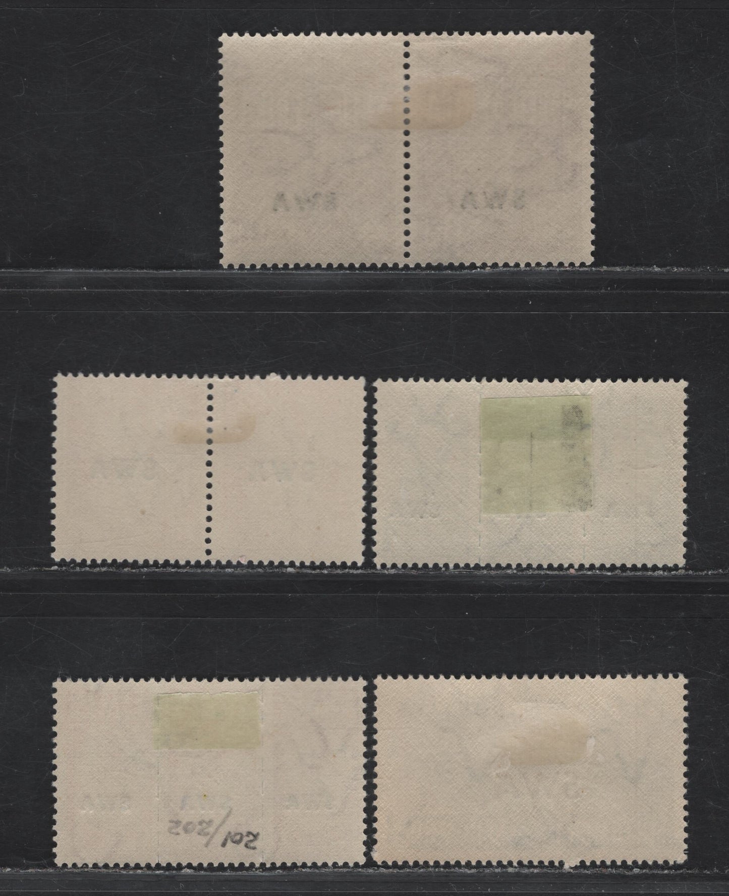 Lot 233 (C) South West Africa SG#115, 118, 122-123, 124a 1d - 1/- Carmine - Brown Tank Corps - Nurse & Ambulance, 1941-1944 War Effort Issue, 5 F/VFOG Singles & Strips Of 3