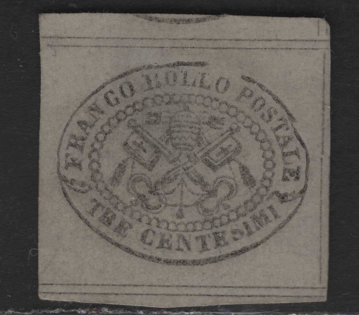 Lot 24 Roman States SC#13 3c Black on Gray Papal Arms, 1867 Arms Issue, A Fine Unused Single, Glazed Paper, Full To Jumbo Margins & Double Dividing Lines Visible On 3 Sides, Showing Continuous Dividing Lines, Proving This Is Genuine.