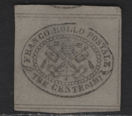 Lot 24 Roman States SC#13 3c Black on Gray Papal Arms, 1867 Arms Issue, A Fine Unused Single, Glazed Paper, Full To Jumbo Margins & Double Dividing Lines Visible On 3 Sides, Showing Continuous Dividing Lines, Proving This Is Genuine.
