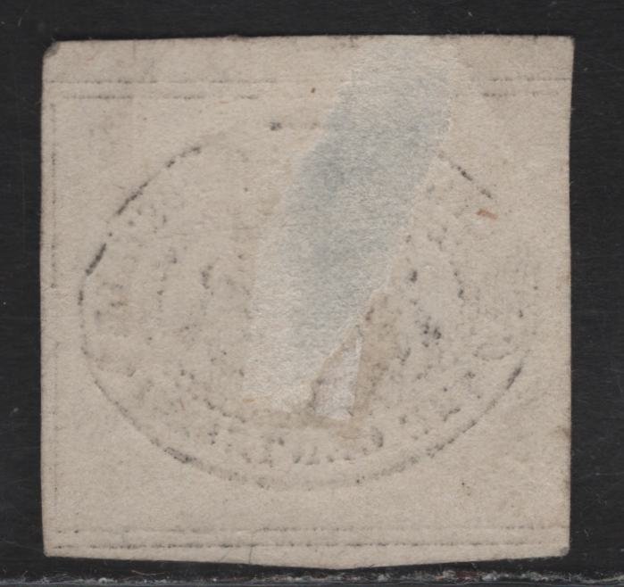 Lot 24 Roman States SC#13 3c Black on Gray Papal Arms, 1867 Arms Issue, A Fine Unused Single, Glazed Paper, Full To Jumbo Margins & Double Dividing Lines Visible On 3 Sides, Showing Continuous Dividing Lines, Proving This Is Genuine.