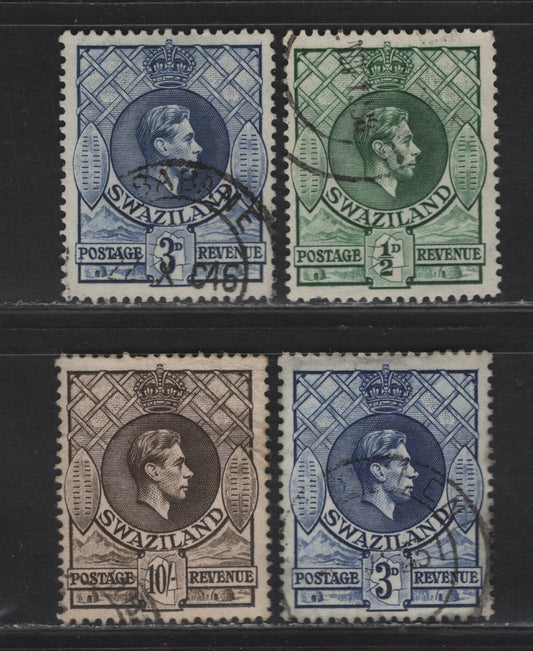 Lot 245 Swaziland SG#28, 32-a, 38 1/2d - 10/- Green - Sepia King George VI, 1938-1954 KGVI Issue, 4 Fine/Very Fine Used Singles, Perf 13.5x13, 1938 Printings