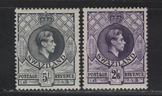 Lot 246 (C) Swaziland SG#36-37 2/6 - 5/- Bright Violet - Gray King George VI, 1938-1954 KGVI Issue, 2 FOG Singles, Perf 13.5x13, 1938 Printings