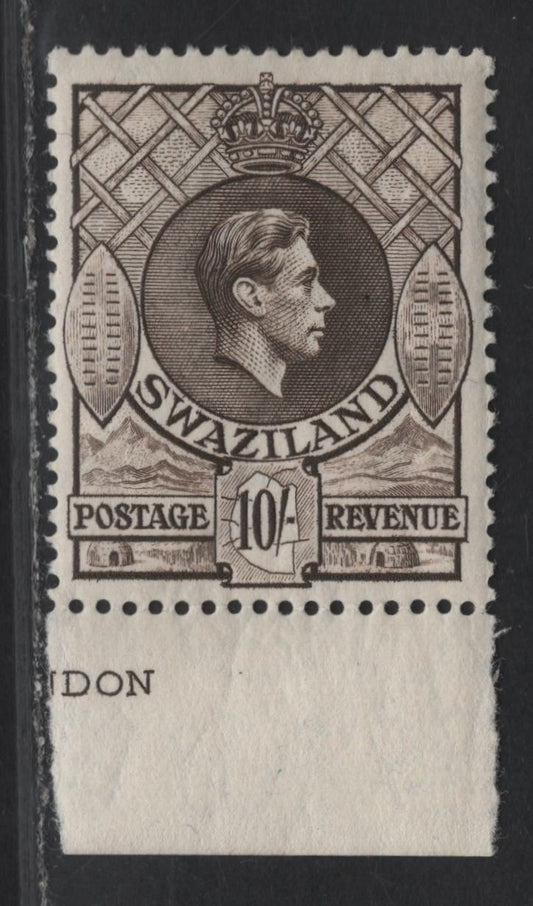 Lot 247 (C) Swaziland SG#38 10/- Sepia King George VI, 1938-1954 KGVI Issue, A VFOG Single, Perf 13.5x13, 1938 Printing