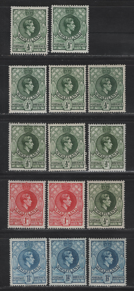 Lot 248 (C) Swaziland SG#28a,b, 29a, 30a-b 1/2d - 1.5d Green - Light Blue King George VI, 1938-1954 KGVI Issue, 14 VFOG Singles, Perfs 13.5x14 & 14, Wartime & Postwar Printings, Different Shades & Papers.