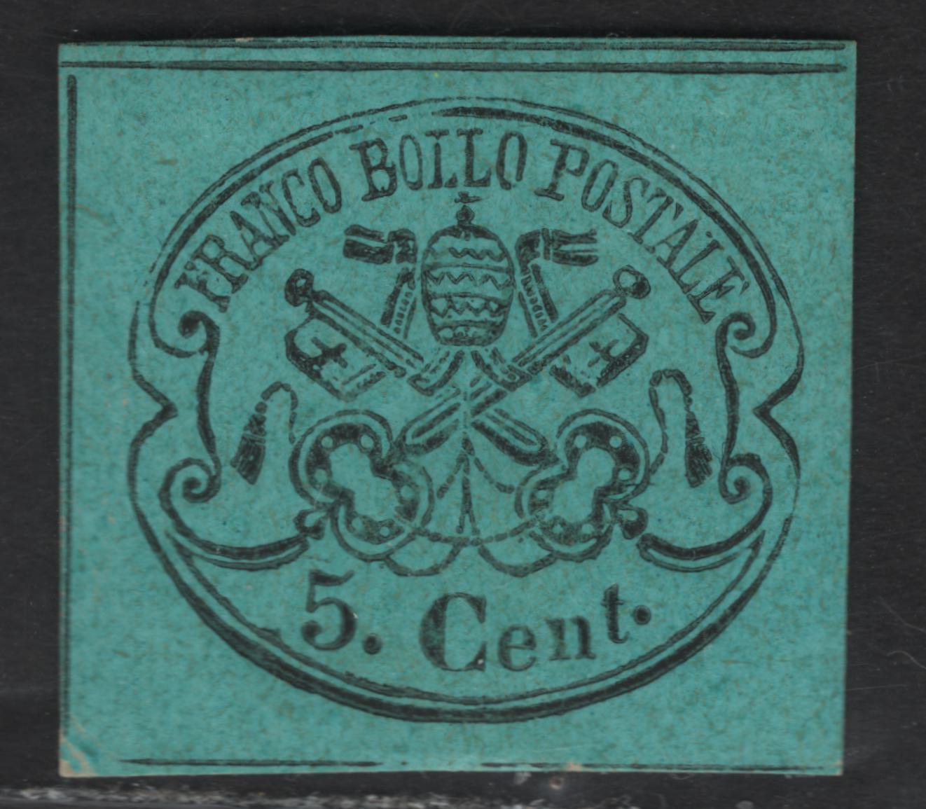 Lot 25 Roman States SC#14 5c Black on Light Blue Papal Arms, 1867 Arms Issue, A Very Fine Unused Single, Glazed Paper, Full Margins Showing Continuous Horiz Dividing Lines At UL, Showing This Is Original Printing.