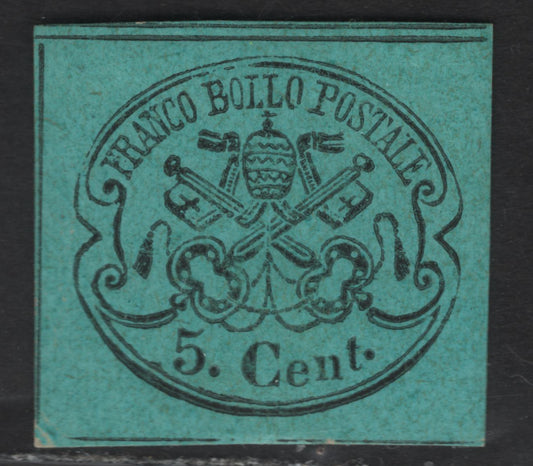 Lot 25 Roman States SC#14 5c Black on Light Blue Papal Arms, 1867 Arms Issue, A Very Fine Unused Single, Glazed Paper, Full Margins Showing Continuous Horiz Dividing Lines At UL, Showing This Is Original Printing.