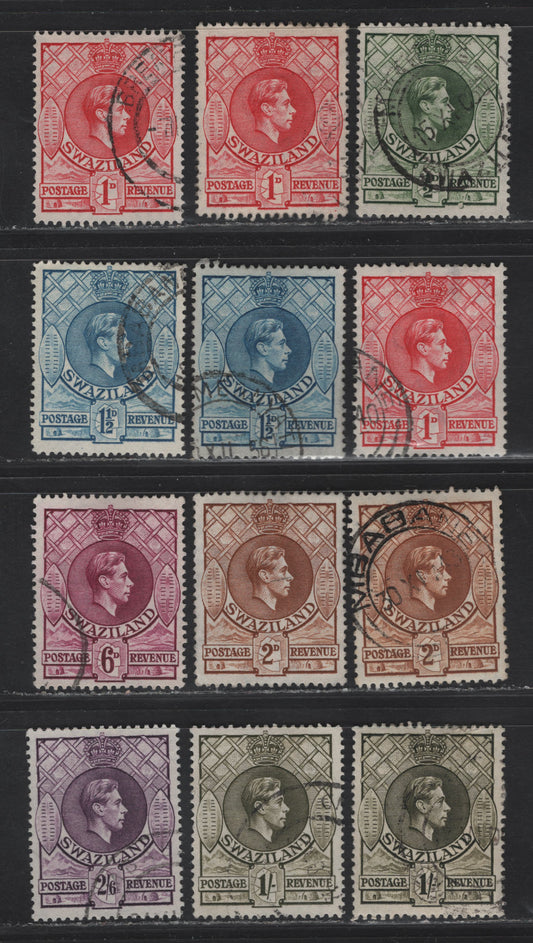 Lot 251 Swaziland SG#28b, 29a, 30a-b, 34a, 35a, 36b 1/2d - 2/6 Bronze Green - Reddish Violet King George VI, 1938-1954 KGVI Issue, 7 Very Fine Used Singles, Perf 13.5x14, Mostly Wartime & Postwar Printings