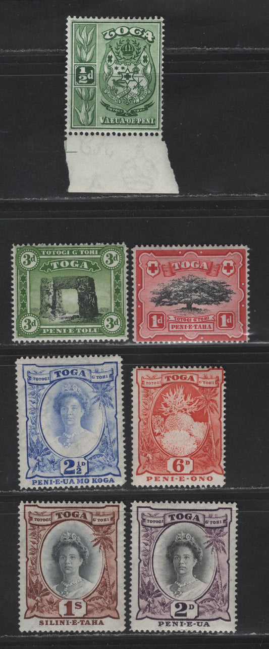 Lot 253 (C) Tonga SG#74-80 1/2d - 1/- Green - Black & Red Brown Arms - Queen Salote, 1942-1949 Pictorial Issue, 7 F/VFOG Singles, Multiple Script CA Wmk