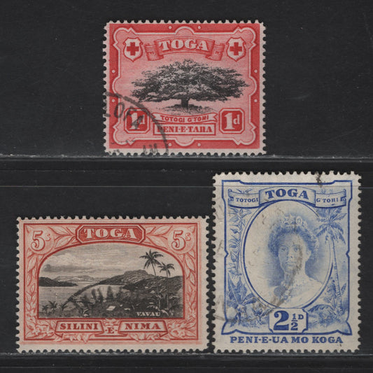 Lot 254 (C) Tonga SG#75, 77, 82 1d - 5/- Black & Scarlet - Black & Brown Red Ovava Tree - View of Vavau Harbour, 1942-1949 Pictorial Issue, 3 Fine/Very Fine Used Singles, Script CA Wmk