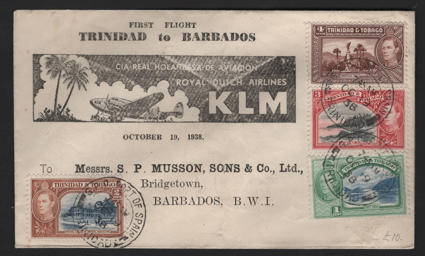 Lot 256 Trinidad & Tobago SG#246-249 1c - 4c Blue & Green King George VI, 1938-1944 KGVI Pictorial Issue, A Very Fine Used Cover, Combination Usage On Klm, 1938 First Flight Cover From Trinidad to Barbados