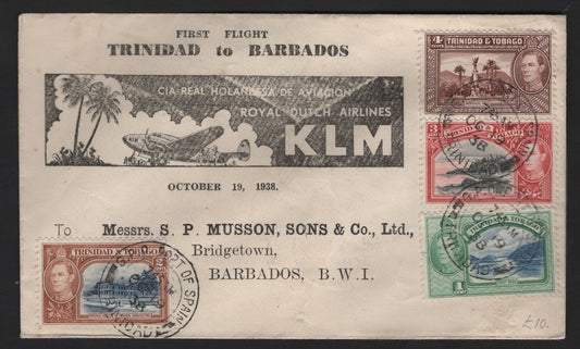 Lot 256 Trinidad & Tobago SG#246-249 1c - 4c Blue & Green King George VI, 1938-1944 KGVI Pictorial Issue, A Very Fine Used Cover, Combination Usage On Klm, 1938 First Flight Cover From Trinidad to Barbados