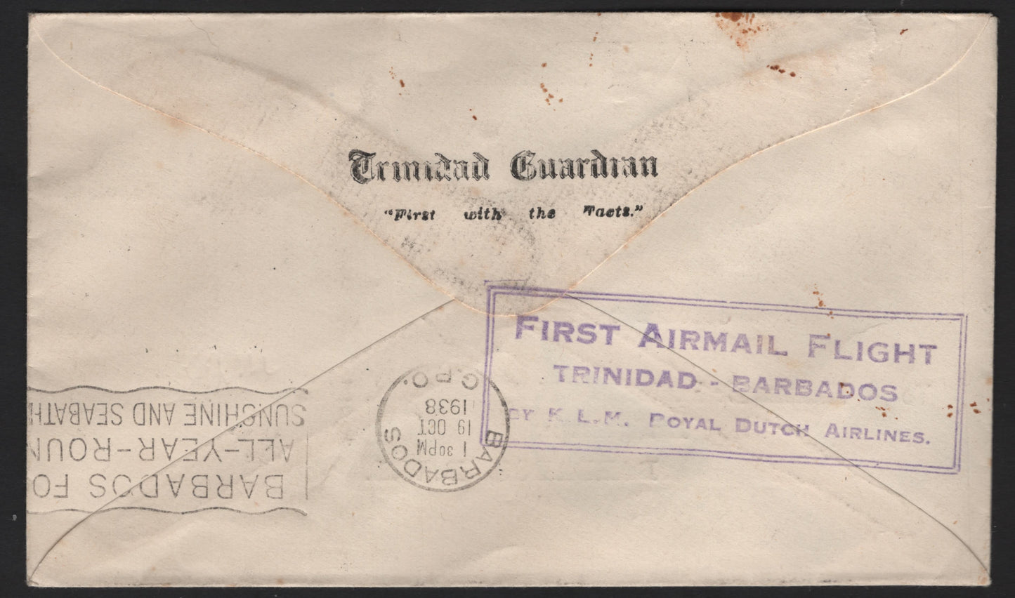 Lot 256 Trinidad & Tobago SG#246-249 1c - 4c Blue & Green King George VI, 1938-1944 KGVI Pictorial Issue, A Very Fine Used Cover, Combination Usage On Klm, 1938 First Flight Cover From Trinidad to Barbados