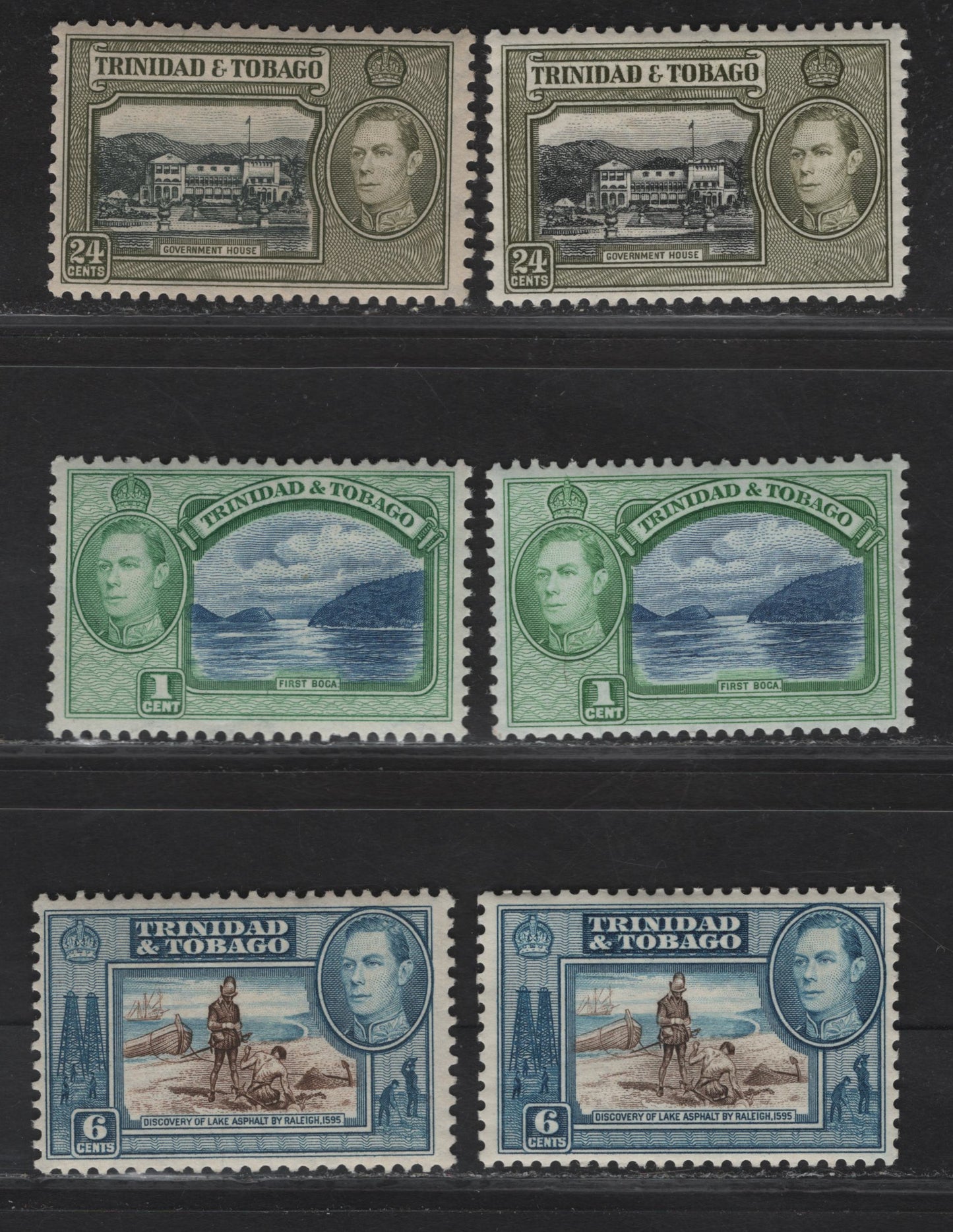 Lot 257 Trinidad & Tobago SG#246, 250, 253 1c - 24c Blue & Green - Black & Olive Green First Boca - Govt House, 1938-1944 KGVI Pictorial Issue, 3 F/VFNH Singles, 1938 & 1942/1944 Printings