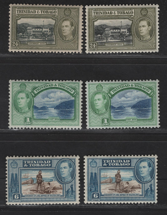 Lot 257 Trinidad & Tobago SG#246, 250, 253 1c - 24c Blue & Green - Black & Olive Green First Boca - Govt House, 1938-1944 KGVI Pictorial Issue, 3 F/VFNH Singles, 1938 & 1942/1944 Printings