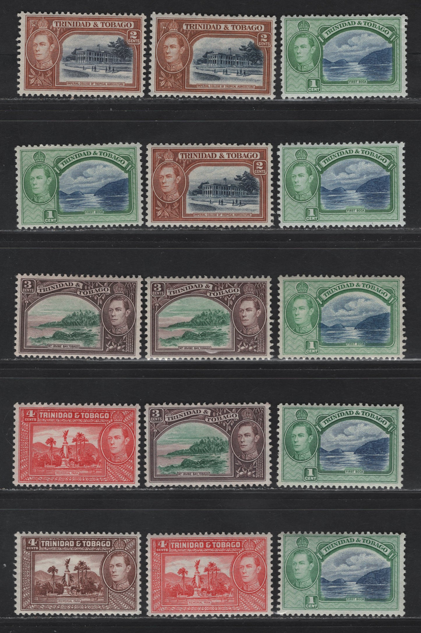 Lot 258 Trinidad & Tobago SG#246-247, 248a, 249, 249a 1c - 4c Blue & Green - Scarlet First Boca - Memorial Park, 1938-1944 KGVI Pictorial Issue, 15 VFOG Singles, Selection of 1942-1950 Printings, Various Shades, Papers & Gums