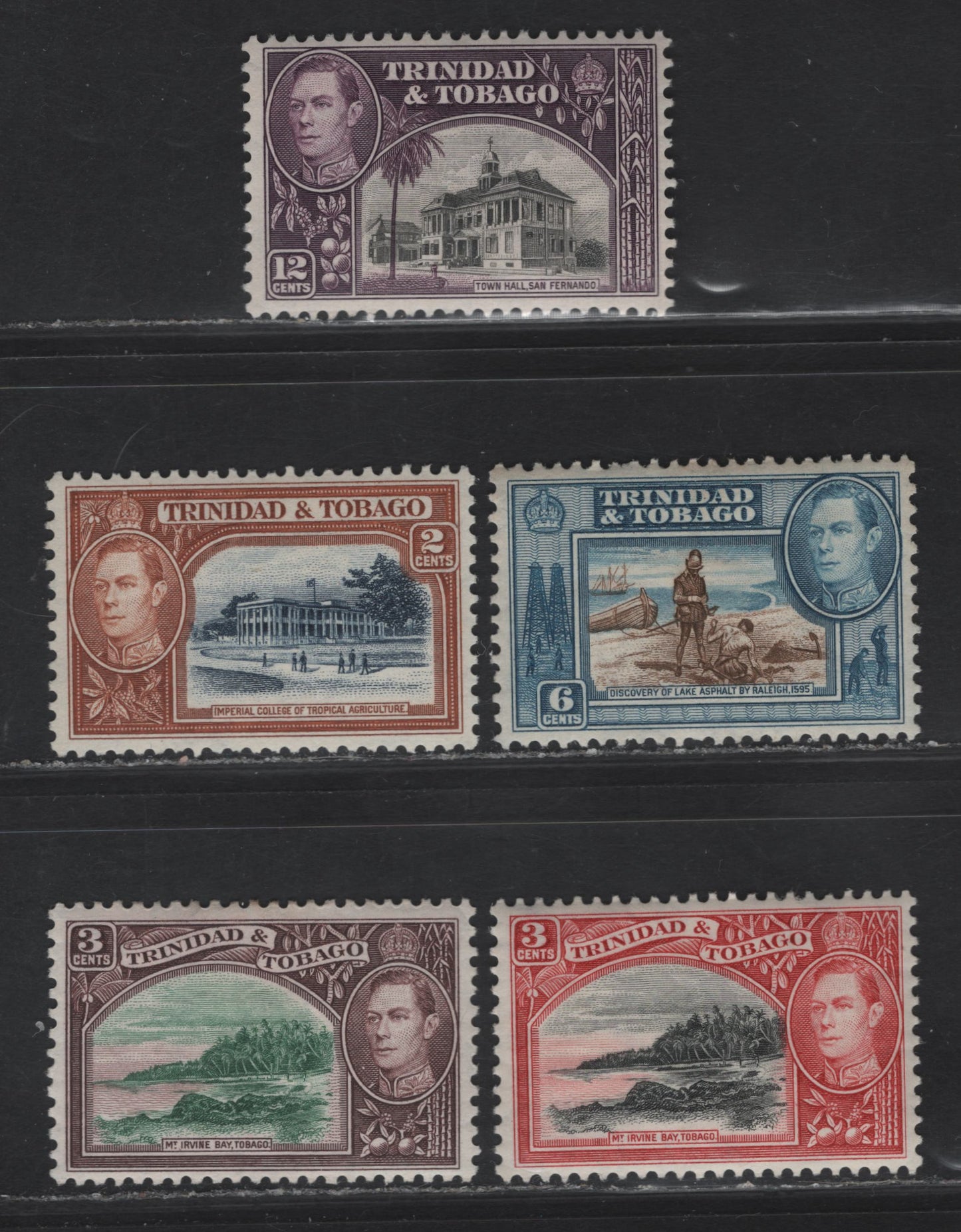 Lot 259 Trinidad & Tobago SG#247-248a, 250, 252a 2c - 12c Blue & Yellow Brown - Black & Slate Purple Imperial College - Town Hall, 1938-1944 KGVI Pictorial Issue, 5 VFOG Singles, 1938 Printing of 3c and 1940's Printings