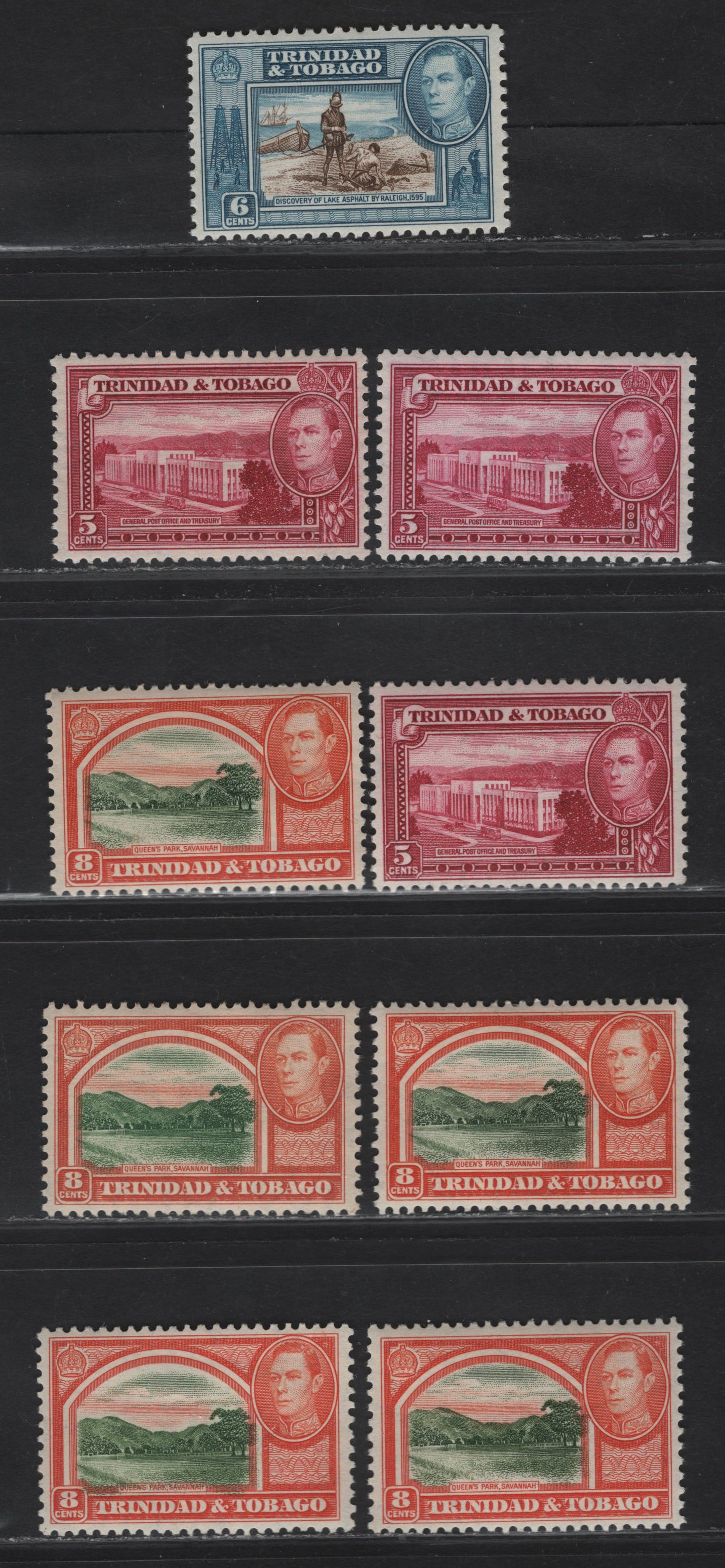 Lot 260 Trinidad & Tobago SG#249b, 250-251 5c - 8c Magenta - Sage Green & Vermillion Memorial Park - Queens Park, 1938-1944 KGVI Pictorial Issue, 3 VFOG Singles, Different 1940's Printing In Various Shades