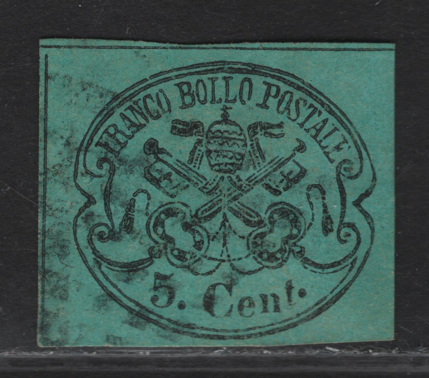 Lot 26 Roman States SC#14 5c Black on Light Blue Papal Arms, 1867 Arms Issue, A Fine Used Single, Glazed Paper, Three Full Margins Showing Continuous Dividing Lines At UL & Close Margin At Bottom, Small Shallow Thin on Back.