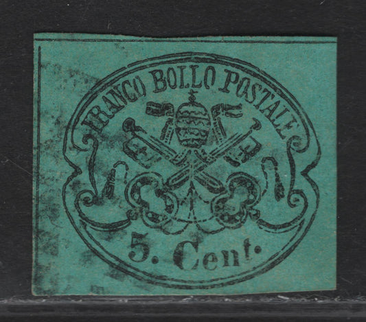 Lot 26 Roman States SC#14 5c Black on Light Blue Papal Arms, 1867 Arms Issue, A Fine Used Single, Glazed Paper, Three Full Margins Showing Continuous Dividing Lines At UL & Close Margin At Bottom, Small Shallow Thin on Back.