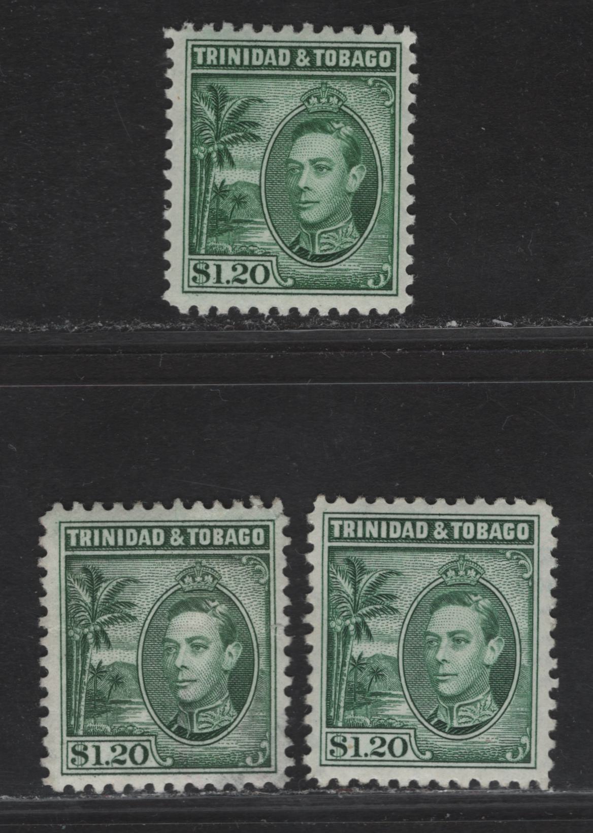 Lot 261 Trinidad & Tobago SG#255 $1.20 Blue Green King George VI, 1938-1944 KGVI Pictorial Issue, 3 F/VFOG Singles, 1940 & Late 1940 Printings