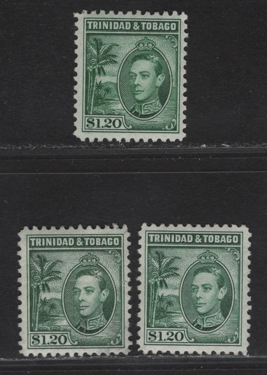 Lot 261 Trinidad & Tobago SG#255 $1.20 Blue Green King George VI, 1938-1944 KGVI Pictorial Issue, 3 F/VFOG Singles, 1940 & Late 1940 Printings