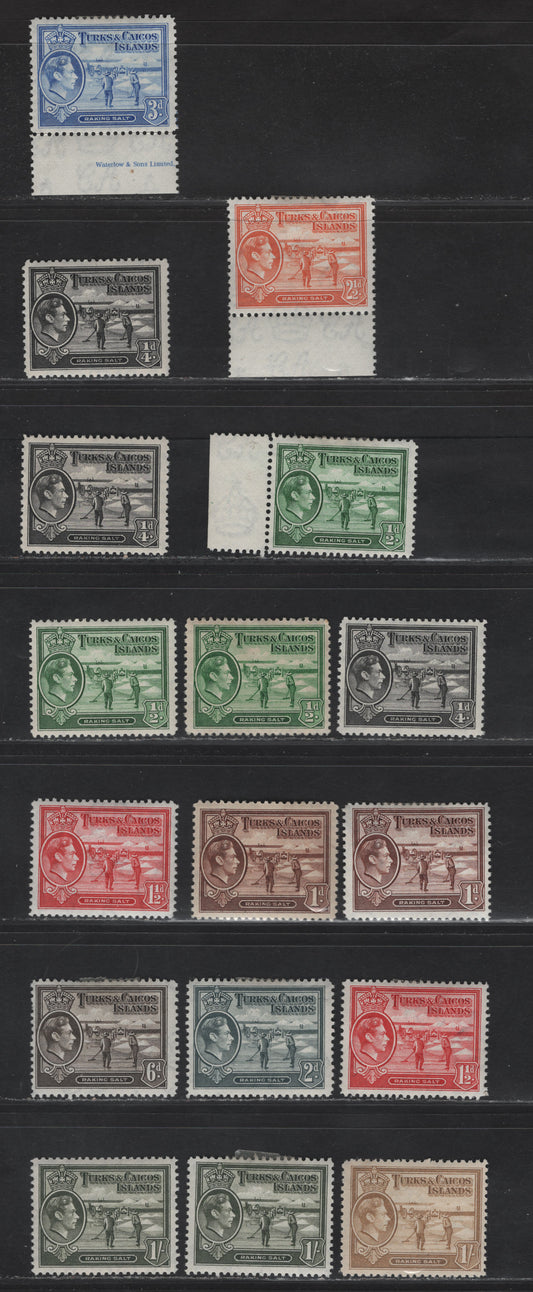 Lot 262 (C) Turks & Caicos SG#194-195a, 196-198, 199a, 200, 201a, 202-a 1/4d - 1/- Black & Gray Olive Raking Salt - Salt Industry, 1938-1944 Salt Raking Issue, 17 F/VFOG/NH Singles, 1938-1940 Wartime Printings, Different Shades or Gum types