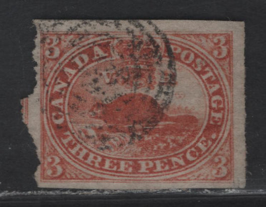 Lot 264 (C) Canada SG#4d 3d Orange Red Beaver, 1852-1857 2nd Pence Issue, A Very Good Used Imperf Single, Thin Horizontal Wove Paper, 3 Wide Margins On 3 Sides, Close To Just Touching At left
