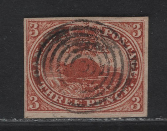 Lot 265 (C) Canada SG#4a 3d Brown Red Beaver, 1852-1857 2nd Pence Issue, A Very Fine Used Imperf Single, Medium Horizontal Wove, 4 Clear Margins, Close At Left Side, Moderate Target Cancel.