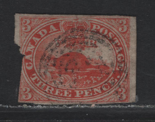 Lot 267 (C) Canada SG#4xi 3d Scarlet Vermillion Beaver, 1852-1857 2nd Pence Issue, An Ungraded Used Imperf Single, Severely Cut In At Left, Lighter Cancel, Diagonal Crease.