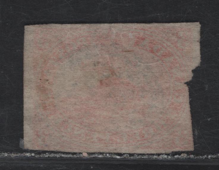 Lot 267 (C) Canada SG#4xi 3d Scarlet Vermillion Beaver, 1852-1857 2nd Pence Issue, An Ungraded Used Imperf Single, Severely Cut In At Left, Lighter Cancel, Diagonal Crease.
