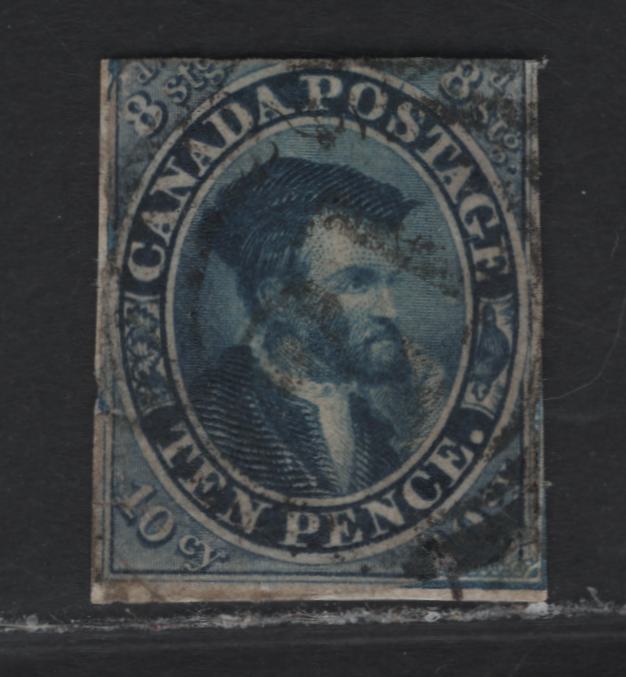 Lot 268 (C) Canada SG#7a 10d Blue Jacques Cartier, 1852-1857 2nd Pence Issue, An Ungraded Used Imperf Single, Thick Paper, Extensively Repaired & Rebacked