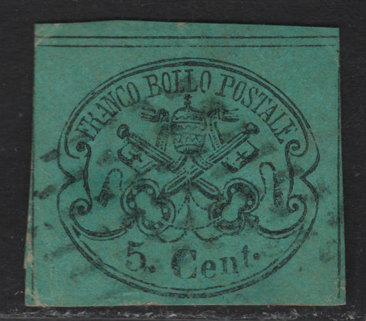Lot 27 Roman States SC#14 5c Black on Light Blue Papal Arms, 1867 Arms Issue, A Fine Used Single, Glazed Paper, Dividing Lines Visible on 3 Sides, Some Minor AbresionSpots Near The Edges Of The Design.