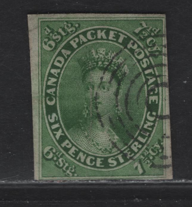 Lot 271 (C) Canada SG#9 7.5d Green Queen Victoria, 1852-1857 2nd Pence Issue, A Fair Used Imperf Single, 4 margins, Very Close At Right & Bottom, Large Margin At left, Light Target Cancel.