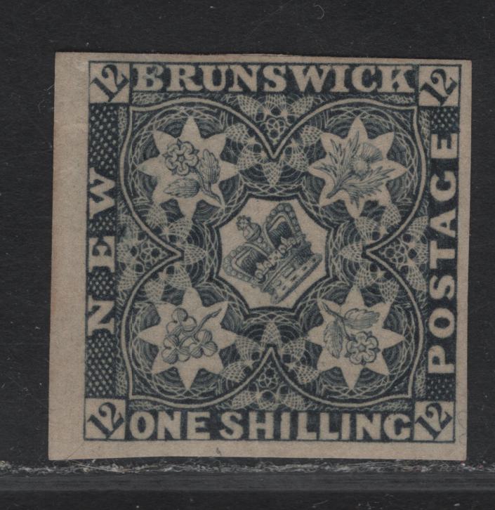 Lot 275 (C) New Brunswick SG#3r 1/- Violet Black Flower Heraldry, 1851 Pence Issue, A VFOG Imperf Single, Reprint On Gummed Paper, Unusual As These Do Not Usually Have Gum
