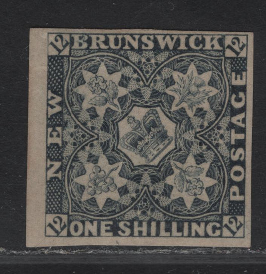 Lot 275 (C) New Brunswick SG#3r 1/- Violet Black Flower Heraldry, 1851 Pence Issue, A VFOG Imperf Single, Reprint On Gummed Paper, Unusual As These Do Not Usually Have Gum