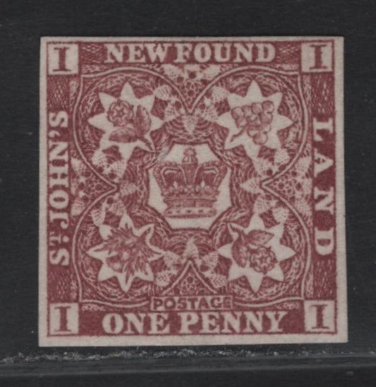 Lot 276 (C) Newfoundland SG#1 1d Brown Violet Flower Heraldry, 1857 Pence Issue, A Very Fine Unused Imperf Single, Thick Porous Paper With Clear Vertical Mesh