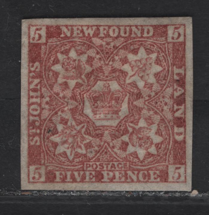 Lot 277 (C) Newfoundland SG#19a 5d Orange Brown Flower Heraldry, 1861-1862 3rd Pence Issue, A VFOG Imperf Single, Crisp Hard Wove paper