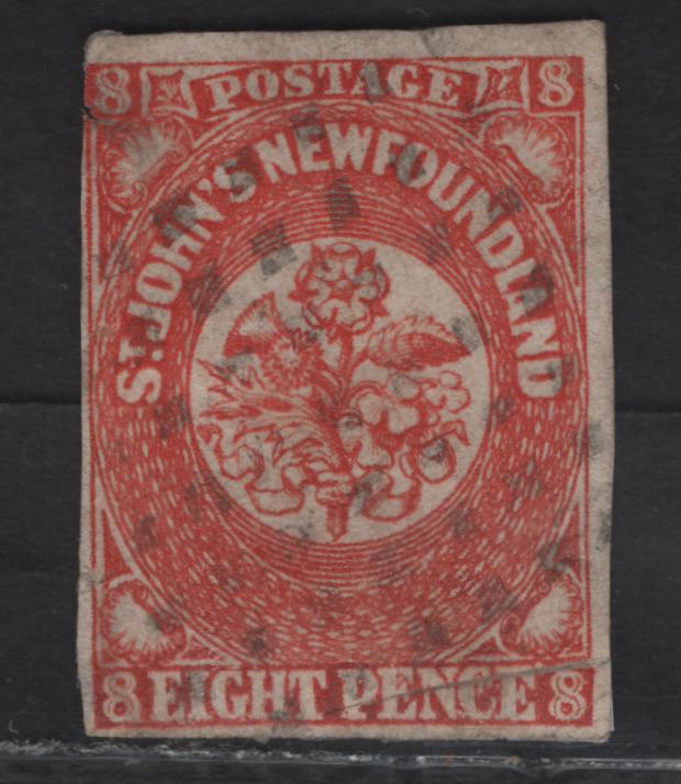 Lot 279 (C) Newfoundland SG#8 8d Scarlet Vermillion Flower Heraldry, 1857 Pence Issue, A Good Used Imperf Single, Two Large margins, Close At Bottom And Just Touching At Left, Repaired Scissor Cut At Lower Right.