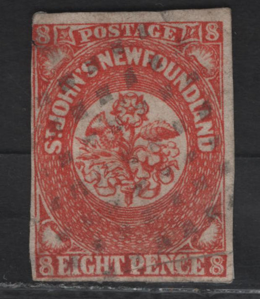 Lot 279 (C) Newfoundland SG#8 8d Scarlet Vermillion Flower Heraldry, 1857 Pence Issue, A Good Used Imperf Single, Two Large margins, Close At Bottom And Just Touching At Left, Repaired Scissor Cut At Lower Right.