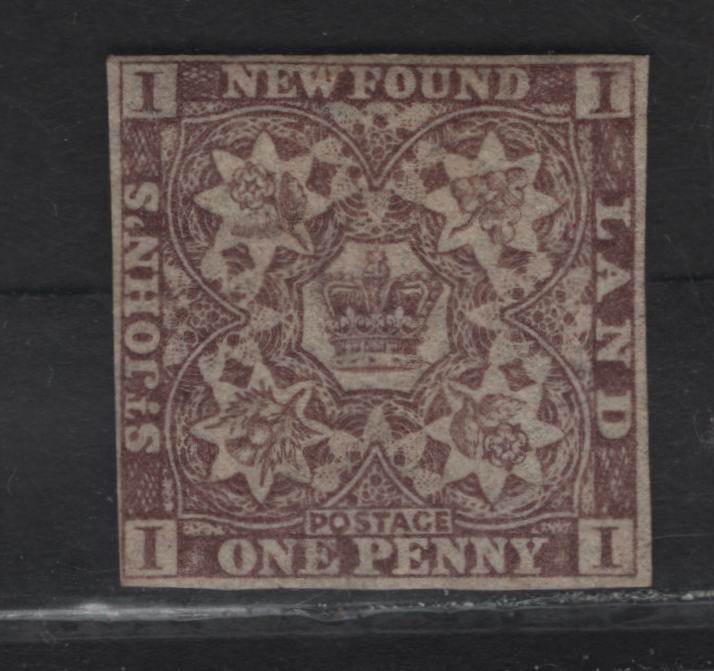 Lot 280 (C) Newfoundland SG#15A 1d Violet Brown Flower Heraldry, 1861-1862 3rd Pence Issue, A Fine Unused Imperf Single, 4 Clear, But Close Margins
