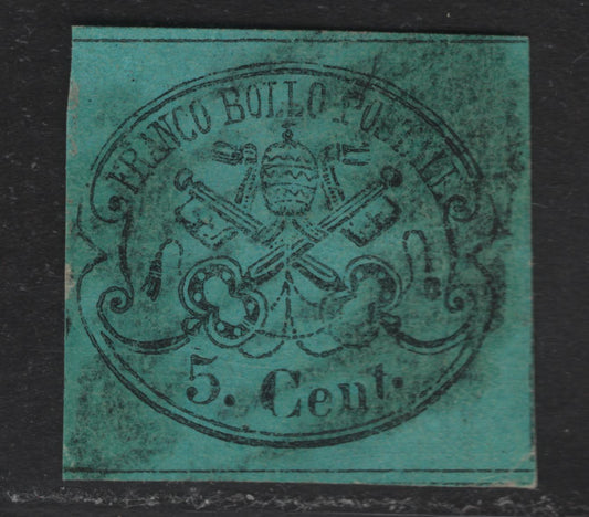 Lot 28 Roman States SC#14 5c Black on Light Blue Papal Arms, 1867 Arms Issue, A Very Good Used Single, Glazed Paper, Traces Of Dividing Lines On 3 Sides, Narrow Margin At left, Paper & Color Identical To Lot 26 Which Is A Known Genuine Stamp.
