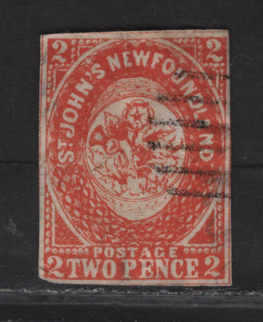 Lot 281 (C) Newfoundland SG#2f 2d - 1/- Scarlet Vermillion Flower Heraldry, 1857 Pence Issue, An Ungraded Used Imperf Single, Crude Lithographed Forgery, Close Margins, Internal Wrinkle At Top & Shallow Thin.
