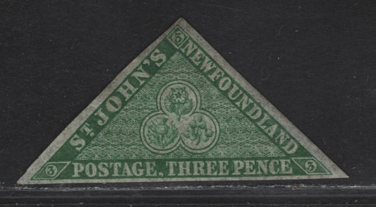 Lot 283 (C) Newfoundland SG#11A 3d Green Flower Heraldry, 1860 2nd Pence Issue, A Very Fine Unused Imperf Single, Hard Crisp Paper
