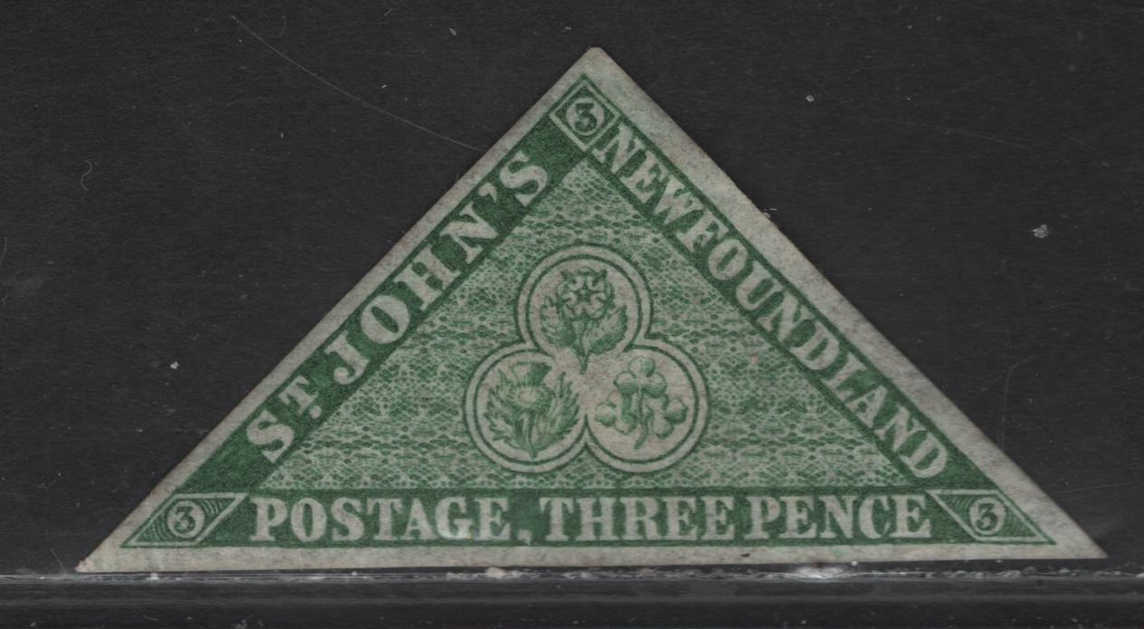 Lot 284 (C) Newfoundland SG#11A 3d Dark Green Flower Heraldry, 1860 2nd Pence Issue, A VFOG Imperf Single, Hard Crisp Paper