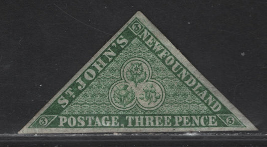 Lot 284 (C) Newfoundland SG#11A 3d Dark Green Flower Heraldry, 1860 2nd Pence Issue, A VFOG Imperf Single, Hard Crisp Paper