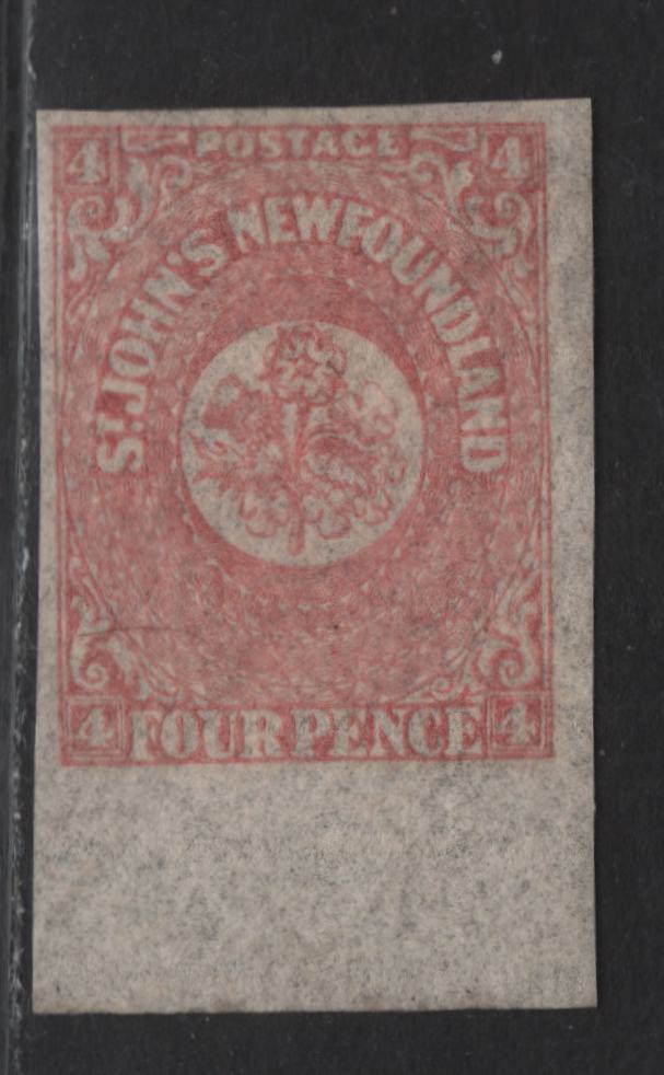 Lot 285 (C) Newfoundland SG#18 4d Pale Rose Flower Heraldry, 1861-1862 3rd Pence Issue, A VFOG Imperf Single, Thin, Hard Paper