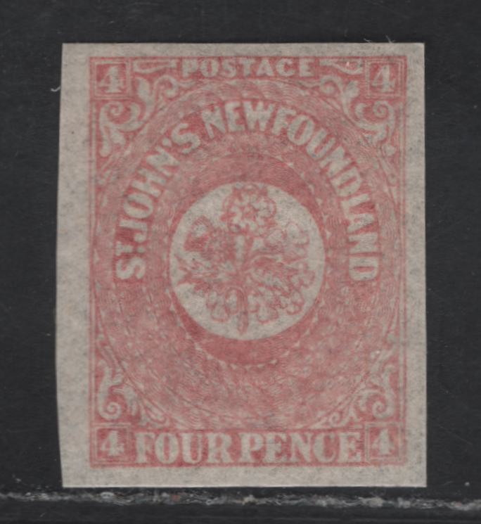 Lot 286 (C) Newfoundland SG#18 4d Pale Rose Flower Heraldry, 1861-1862 3rd Pence Issue, An EFOG Imperf Single, Hard Crisp Paper