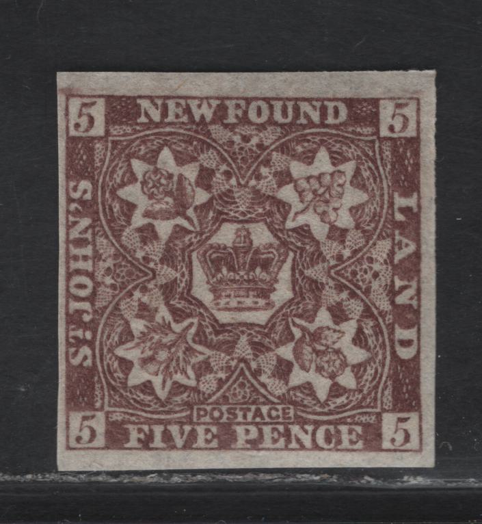 Lot 287 (C) Newfoundland SG#19b 5d Chocolate Brown Flower Heraldry, 1861-1862 3rd Pence Issue, A VFOG Imperf Single, Thick Hard Paper