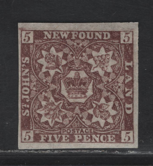 Lot 287 (C) Newfoundland SG#19b 5d Chocolate Brown Flower Heraldry, 1861-1862 3rd Pence Issue, A VFOG Imperf Single, Thick Hard Paper